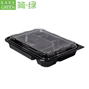 Heres A New Title Suggestion For Your Product: Brand: PackMate Type: 4  Compartment Disposable Bento Box Specs: Black Grade PP, Clear Color  Keywords: Take Out Containers Dinnerware Sets Key Points: Eco Friendly