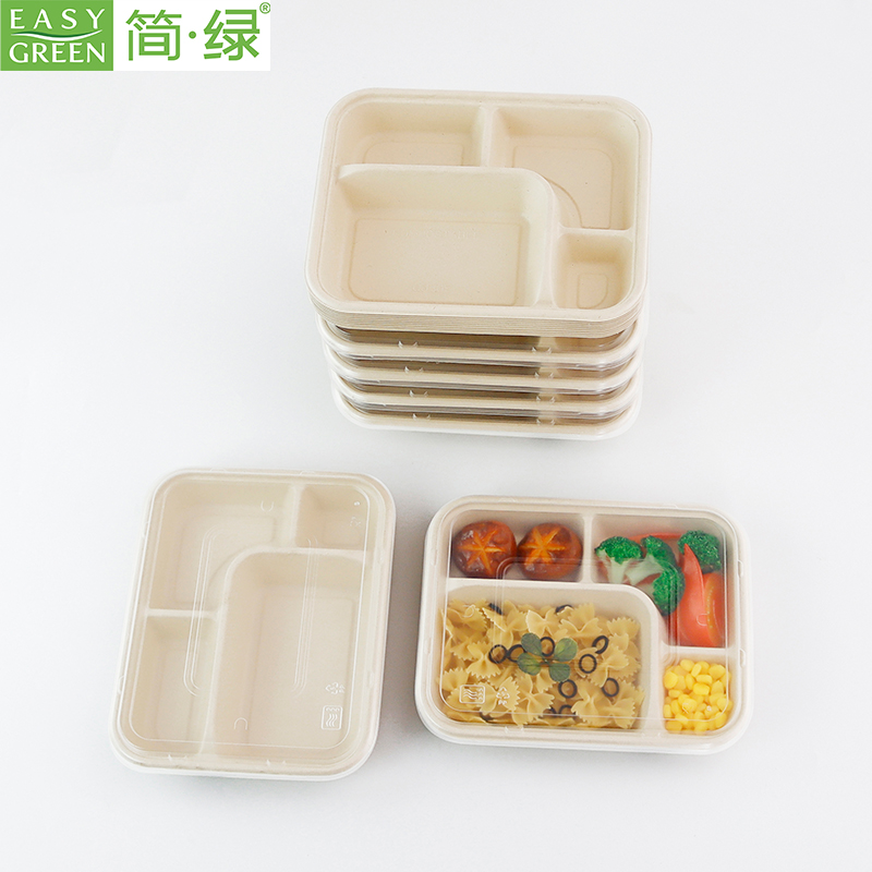 4-com Compostable Bagasse Paper Bamboo Disposable Lunch Plate Compartment Tray With Paper Pulp Lid